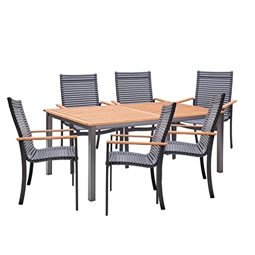 NATERIAL - Gartenmöbel Set 6 Personen - Gartentisch ORIS 180/240x100cm - Ausziehtisch - 6 Gartenstühle Dora mit Armlehnen - Stapelbar - Sitzgruppe - Aluminium - Recycelter Kunststoff - Eukalyptus