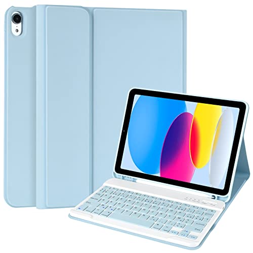 Tastaturhülle für iPad 10,2 Zoll 2022 Version, Schutzhülle und Stifthalter für iPad 10.2 2022, abnehmbar, Bluetooth, Französische Tastatur, kabellose Tastatur mit Schutzhülle, automatische Aufwachfunktion für iPad 10.2 (Blau)