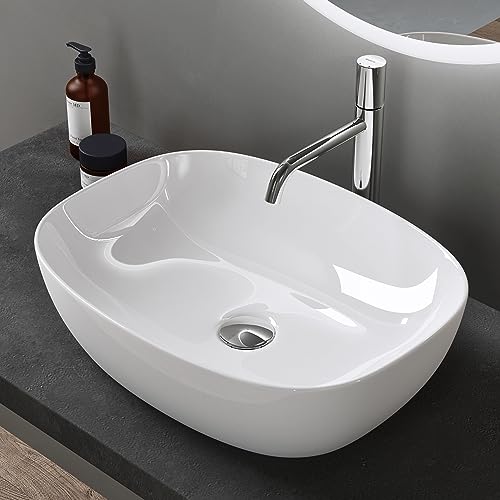 doporro Aufsatzwaschbecken Keramik Waschbecken Oval Waschschlae 510x395x140 mm weiß glänzend Badezimmer Handwaschbecken Waschtisch Brüssel104