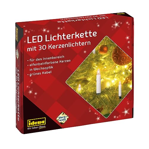 Idena 38192 - LED Kerzenlichterkette mit 30 LED in warmweiß, 30 Kerzen mit Klemmen, mit Netzstecker, ca. 16 m lang, für den Innenbereich, als Deko für den Weihnachtsbaum und Weihnachtsstrauß