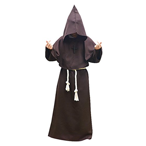 Feynman Herren Mönch Kostüm Mönch Robe Priester Gewand Kostüm mit Kapuze Mittelalterliche Renaissance Kapuze Mönchskutte Kaffee L