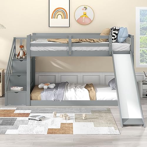 Idemon Etagenbett mit Treppe und Rutsche, Rahmen aus massivem Kiefernholz, Kinderbett mit 3 Schubladen in der Treppe, 90x200cm, grau