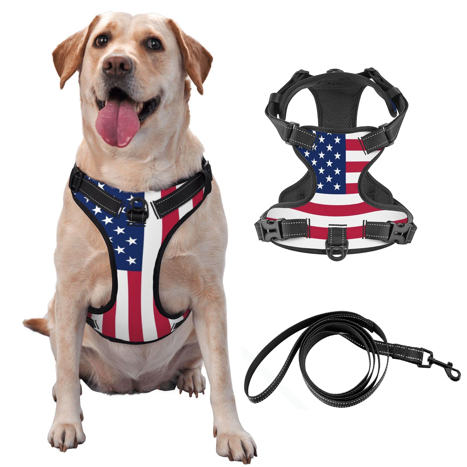 Hundegeschirr mit amerikanischer Flagge, kein Ziehen, Haustiergeschirr mit Leine, reflektierende und verstellbare Oxford-Weste für den Außenbereich, Spazierengehen, kein Würgen.
