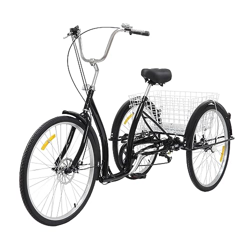 Soberoses 26 Zoll Dreirad für Erwachsene, 6 Gang 3 Räder Fahrrad Erwachsenendreirad Tricycle mit Einkaufskorb Klingel Schutzblech für Jungen Mädchen Damen Herren Senioren (Schwarz)