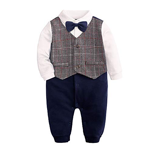 Baby Formale Outfit Jungen Smoking Plaid Gentleman Anzug Onesie Overall (D Beige,9-12M)
