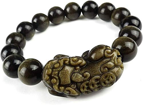 NOVOCE Armband für Damen und Herren mit runden Perlen Pi Xiu aus Obsidian-Kristall, natürliches Gold, 12 mm, AAAAA