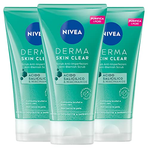 Nivea Derma Skin Clear Scrub Gesicht Anti-Imfektion Vegane Formel mit Salicylsäure und Niacinamid mit reinigender Wirkung, Peeling, regenerierend gegen Pickel und Mitesser, 3 Flaschen à 150 ml