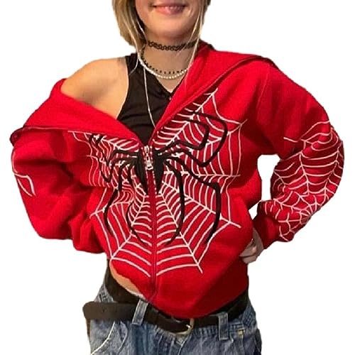 Y2k Hoodie Mit Durchgehendem Reißverschluss Für Damen Spinnennetz Druck Vintage Pullover Sweatshirts Ästhetisches Design Übergroße Jacken Grafiken Übergroße Kapuzen Sweatjacken