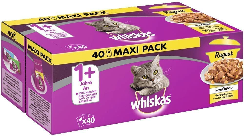 Whiskas 1+ Katzennassfutter Ragout – Geflügel Auswahl in Gelee – Hochwertiges Feuchtfutter im Portionsbeutel für Katzen ab 1 Jahr – Katzenfutter – Vorratspack (40 x 85g)