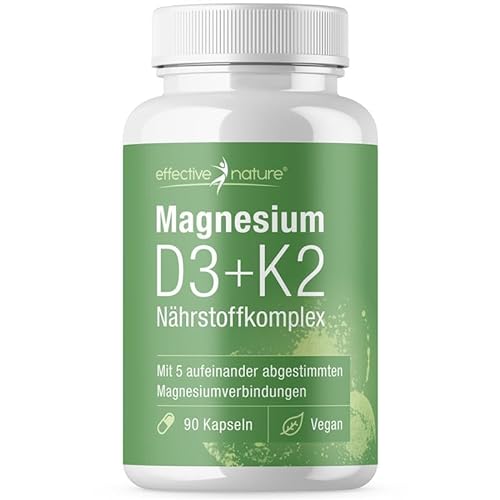 effective nature - Magnesium Komplex mit 5 Magnesiumverbindungen - 90 Kapseln - Mit Vitamin D3 und K2 - Vegan und ohne Zusatzstoffe