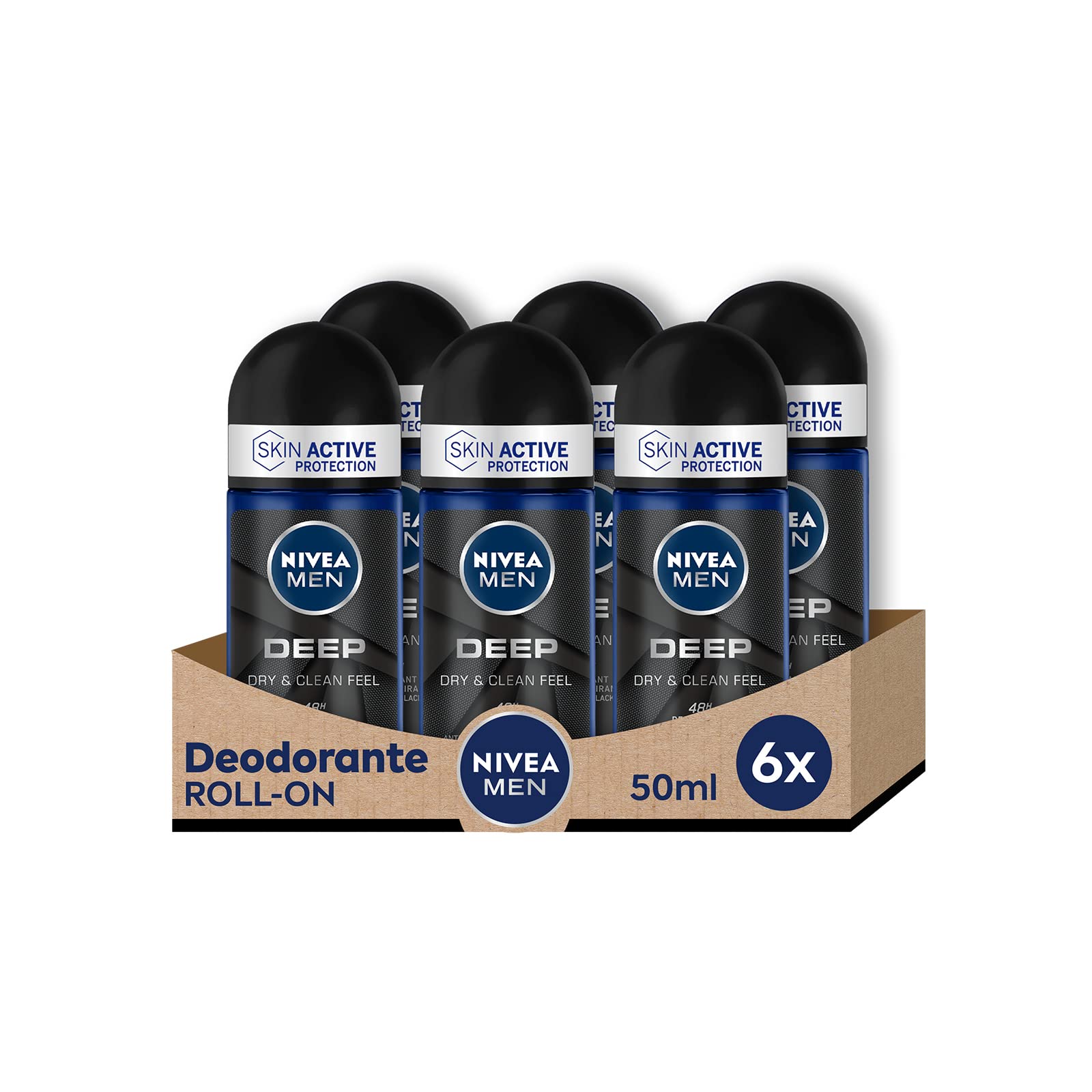 NIVEA MEN DEEP Roll-on Deodorant 6 x 50 ml, Herren-Deodorant mit antibakterieller Formel mit Aktivkohle, Anti-Atmungsaktiv für 48 h intensive Frische