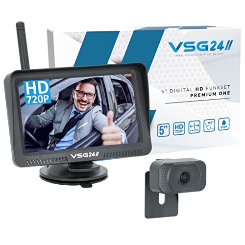 VSG24 24147 – 5“ Funk HD Rückfahrsystem für PKW, RVS Kamera Set, 800TV Auflösung, Nachtsicht, 150° Winkel, 12V, e-Zulassung, IP67 - Schwarz
