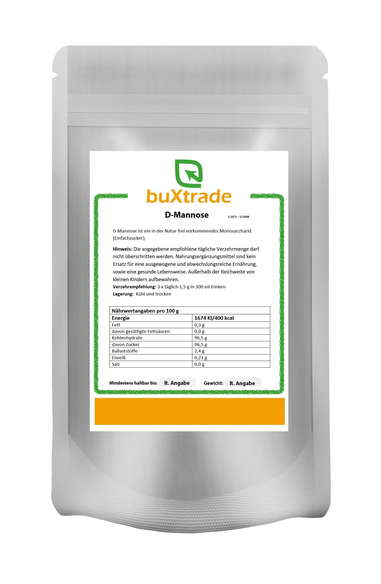 D-Mannose | Nahrungsergänzungmittel | Buxtrade | naturbelassen | Vegan (10x 500 g / (EUR 71,80 / kg))
