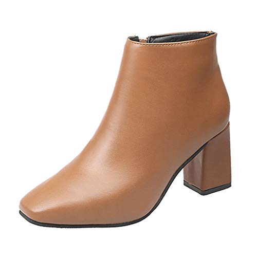 Stiefel Schuhe Frauen Freizeit Solid Pointed Toe Zipper Square High Heel (40,Braun)