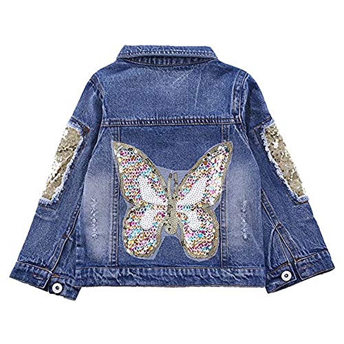 SXSHUN Mädchen Mode Jeansjacke Mit Muster Denim Jacke Übergangsjacke, Schmetterling, 122/128 (Etikettengröße:130)