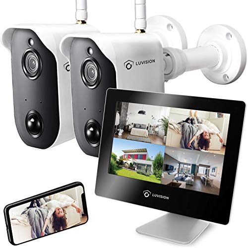 LUVISION Akku-Überwachungskamera Full HD & Monitor Set Funk kabellos mit Bewegungserkennung Gegensprechanlage Nachtsicht App Solar + Flutlicht kompatibel [Set 2 x Kamera 1 x Monitor]