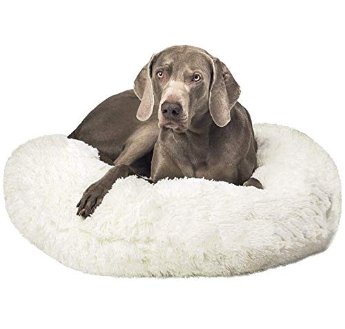 Monba Hundebett Größen, Weich Hundesofa, Hundekissen Waschbar, Haustierbett in Doughnut-Form, Anti-rutsch Hundebett für Kleine und große Hunde-110cm-Weiß