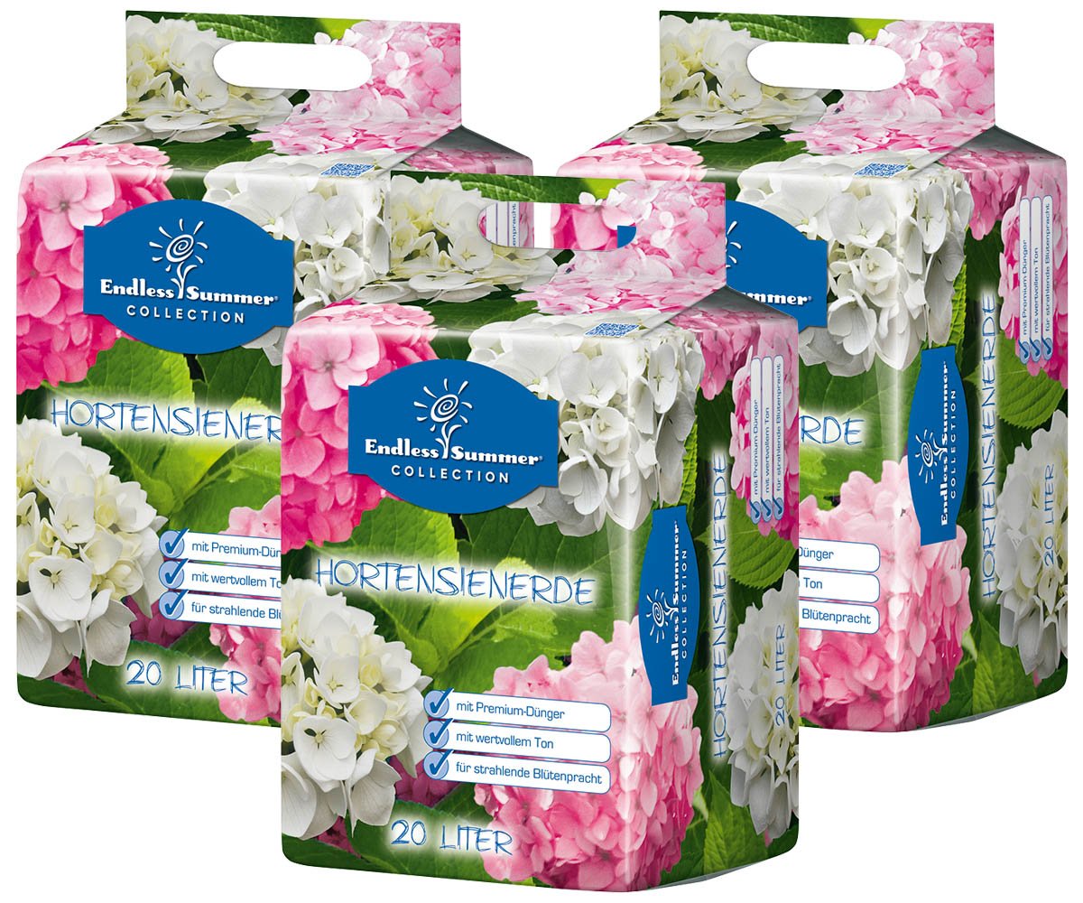 Floragard Endless Summer Hortensienerde rosa/weiß 3x20 L • zum Pflanzen und Umtopfen • für Beet- und Kübelbepflanzung • für weiße, rosa und pinke Hortensien • mit Tongranulat • 60 L