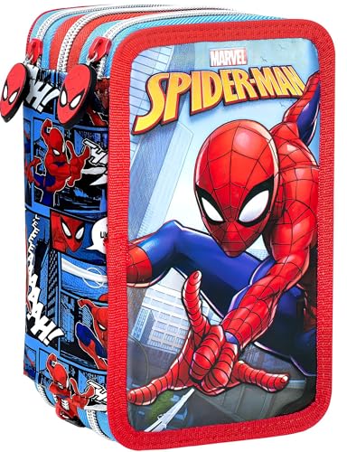 Marvel Spiderman Federmäppchen Kinder, 3 Organisierte Fächer, Federtasche Junge Gefüllt mit Schreibwaren, Schulmäppchen, 45 Teilen für die Schule, Klebestift, 20cm