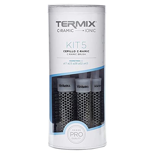 Termix C · Ramic -Paket mit 5 transparenten Rundbürsten mit Keramiktechnologie, die dem Haar Glanz verleihen und krausem Haar vorbeugen. Das Paket enthält die Durchmesser Ø17, Ø23, Ø28, Ø32 und Ø43