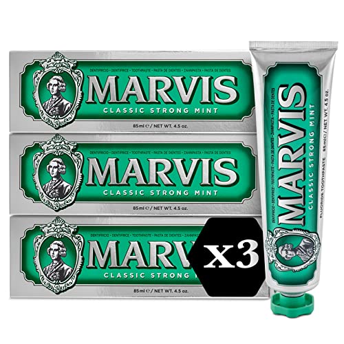 Marvis Classic Strong Mint Zahnpasta, 3 × 85 ml, Zahnpasta mit Geschmacks-Erlebnis-Garantie für belebende und langanhaltende Frische