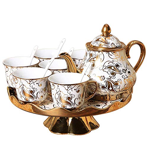 FGDSA Teeservice im europäischen Stil, Keramik-Teetassen-Set mit 6 Teetassen und Löffeln mit 1 Teekanne, drehbares Teetablett für Zuhause, Keramik-Teesets (Farbe: D, Größe: 14 Stück)