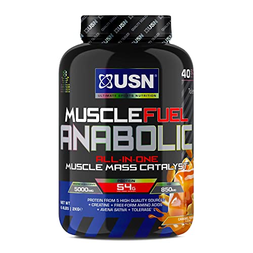 USN Muscle Fuel Anabolic Karamell-Erdnuss 2Kg, Energiefördernder All-in-One Weight Gainer zum Masse- und Muskelaufbau, Protein Shake Pulver für Hardgainer