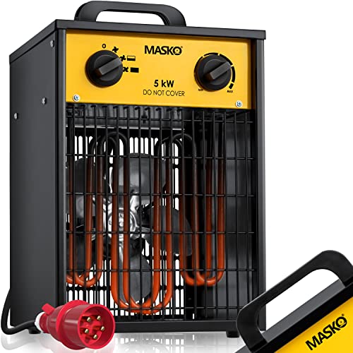 Masko® Elektroheizer Heizlüfter Bauheizer 5 KW mit integriertem Thermostat elektrisch Heizgerät 5000 Watt 3 Heizstufen Heizgebläse für Innen- und Außeneinsatz Überlastschutz Elektroheizgebläse Gelb