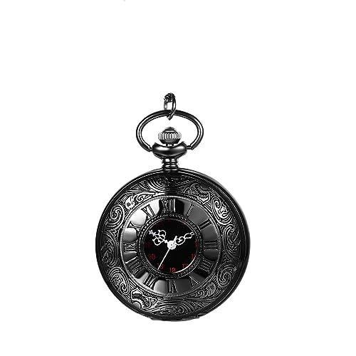 Lancardo Vintage Taschenuhr für Herren Damen Hohl Gravur Römische Zahl 24 Stunden Taschenuhr mit Kette für Halloween, Schwarz