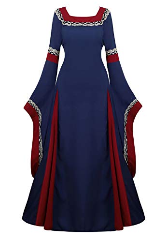 Jutrisujo Mittelalter Kleid mit Trompetenärmel Party Kostüm bodenlang Vintage Retro Renaissance Costume Cosplay Damen Dunkel blau XS