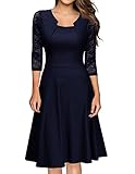 Evedaily Damen Kleid Elegant Abendkleid Cocktailkleid Knielang Partykleid Vintag Kleider 3/4 Arm mit Spitzen Navy Blau