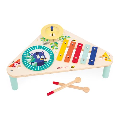 Janod Gioia Musiktisch aus Holz 3 Kinderinstrumente-Rollenspiel und Musikalische Früherziehung-Wasserfarbe-Ab 12 Monaten, J07655, Multicolor