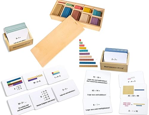 Montessori-Material Rechenstäbchen mit 200 Aufgabenkarten inkl. Selbstkontrolle zur Freiarbeit