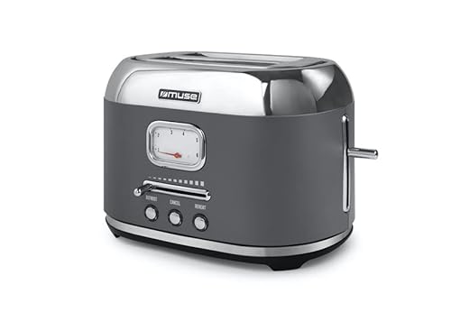 Muse Edelstahl-toaster im grauen retro Design, analoge Anzeige, beleuchtete Tasten, 6 Bräungsstufen, 2 Scheiben, MS-120 DG, Vintage Look, mit Krümelschublade