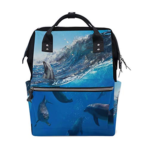 Big Joke Wickelrucksack Ocean Beach Delphin Wave Multifunktions-Wickeltasche mit Reißverschluss lässig stylisch Reise-Rucksäcke für Mama Papa Baby Pflege