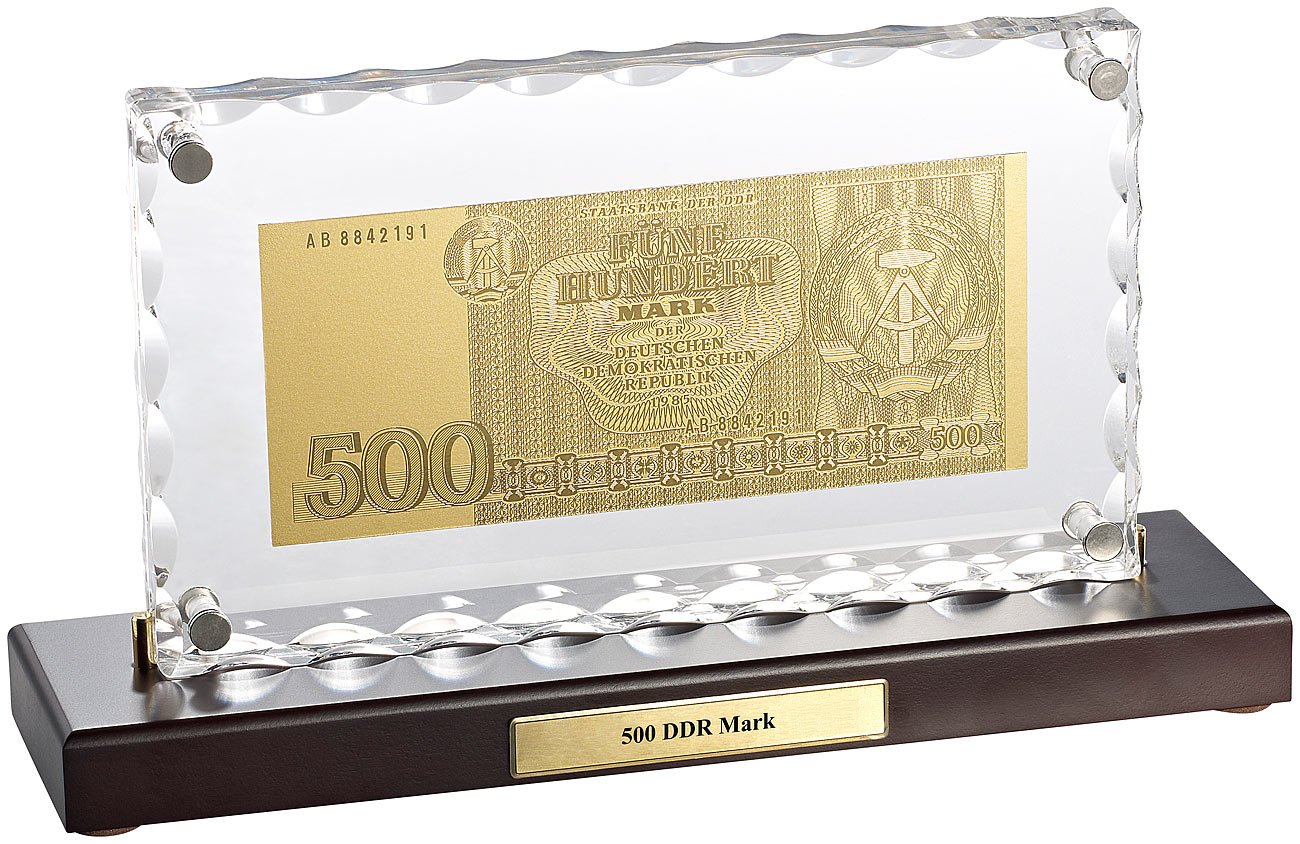 St. Leonhard Geldschein: Vergoldete Banknoten-Replik 500 DDR-Mark mit Aufsteller (Gold Geldschein, Geld-Scheine Gold, Geburtstag)