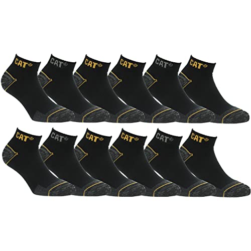 Caterpillar 12 Paar Sneaker Arbeit Socken Knöchelhöhe - Fersenzehenverstärkung - Fußgewölbestütze - Baumwolle (Schwarz, 43-46)