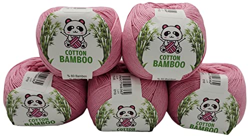 5 x 100g Strickwolle Cotton Bamboo mit 60% Baumwolle und 40% Bambus, 500 Gramm Strickgarn einfarbig (rosa 170-05)