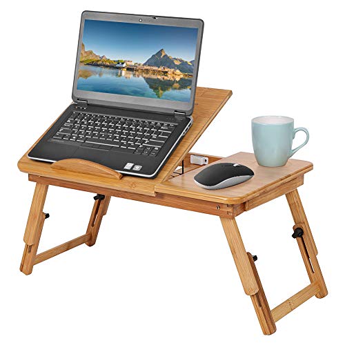 Ejoyous Klappbarer Bambus Betttisch, Verstellbar 5 Neigungswinkel Laptoptisch Notebooktisch Lapdesks mit Schublade und Lüftungsschlitze für Schule Schlafzimmer oder Büro