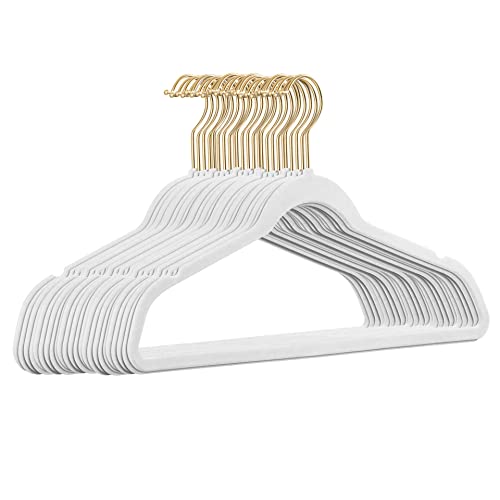 25 Stück hochwertige Samt Kleiderbügel in der Farbe Weiß mit Gold Look Haken/Anti-Rutsch/von StickandShine