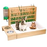 Kaninchen-Heu-Futterstation mit Katzentoilette, Wasserflasche und Schalen-Set, 4-in-1 Holz-Heuraufen-Futterstation für Kaninchen, Meerschweinchen, Hamster, kleine Haustiere, Rennmäuse, Ratten, Mäuse