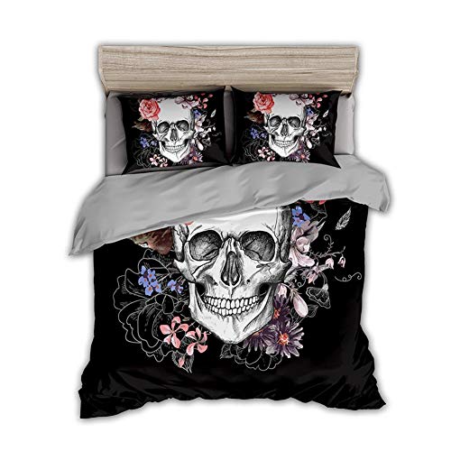 Timiany 3D Skull Gotisch 3 Teilig Bettwäsche-Set,Mikrofaser Halloween Teufel Thema Gotisches Bettbezug Set220×240cm+ 2 Kissenbezüge 80×80cm (Gothic Stil,135x200+80x80)