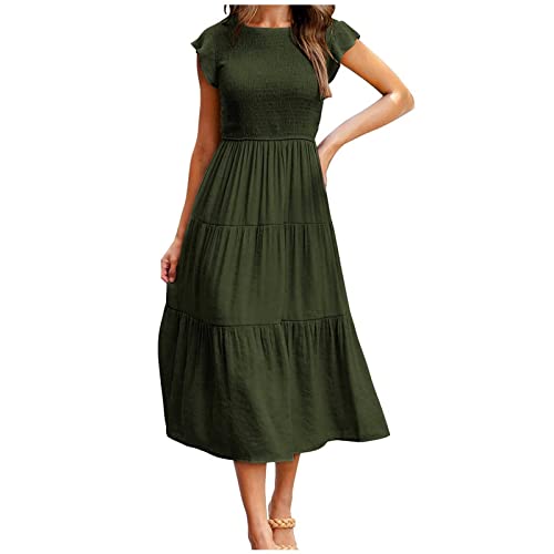 WANWEN Summer Smocked Dress, Short Sleeve Crewneck Elastic Waist Tiered Midi Dresses, Ladies Beach Party Dress (Dark Green,XL)