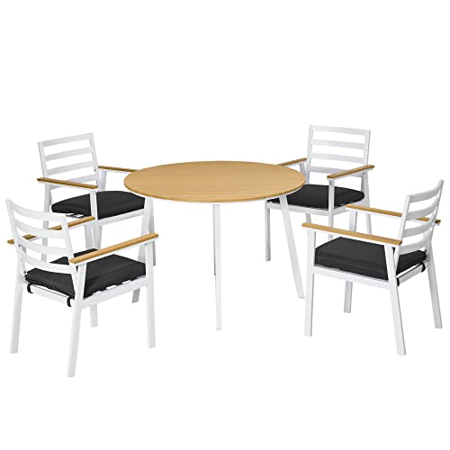 Outsunny Sitzgruppe, 5 TLG. Gartenmöbel-Set inkl. 1 Tisch, 4 Stühlen, Bistro-Set mit Sitzkissen, Sitzgarnitur, Balkonmöbel für Terrasse, Alu, Teak+Weiß