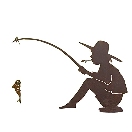 Saremo Rost Angler Manni mit Angel und Fisch auf Platte ca. 60 cm H
