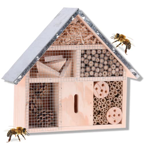Smart-Planet Stabiles Insektenhotel - Bienenhotel aus Holz - Insekten Hotel mit Metalldach 29,5 x 8,8 x 28 cm (L x B x H) - für Garten und Hof