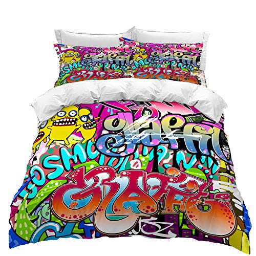 Timiany Bettwäsche Set Graffiti ? Coole Bunte Jugendliche Bettbezug 135x200cm Street Art Hip Hop Bequem Microfaser Bettbezüge+2 Kissenbezüge 50x75cm (Art Work,155x220+80x80)