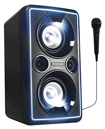 BLAUPUNKT PS2000 mobile PA Sound Anlage mit Akku & Lichteffekten – Bluetooth Soundsystem mit Equalizer & Radio inkl. Mikrofon (MP3, USB, AUX, 2 x 25 Watt RMS)