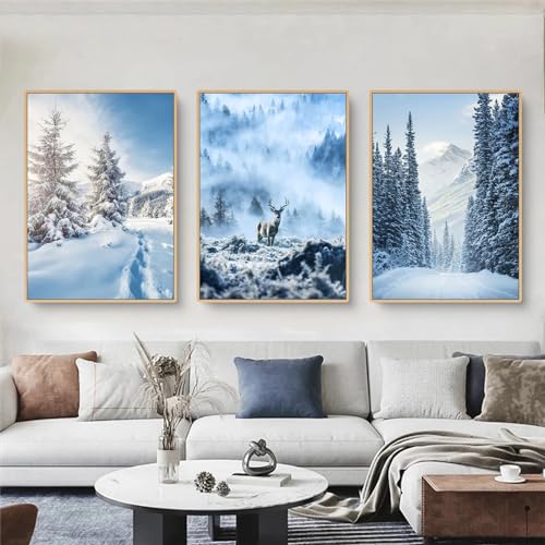 EXQUILEG Winterliche Blau Schneelandschaft, Wälder und Hirsch Leinwand-Wandkunst - 3er Poster Set für Wohnzimmer und Schlafzimmer (50 x 70 cm)