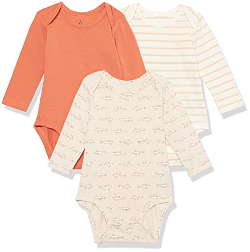 Amazon Aware Unisex Baby Jersey-Body aus Baumwoll-Stretch mit Langen Ärmeln, 3er-Pack, Beige Maus/Orange/Rosa Streifen, 0 Monate